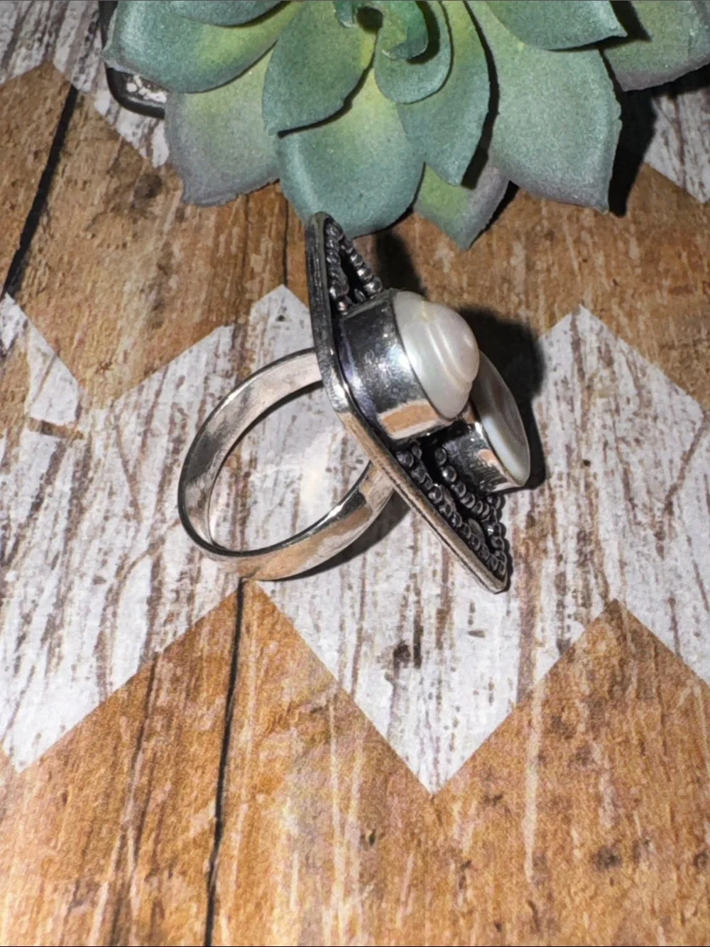 Silver Shell & Pearl Accent Ring